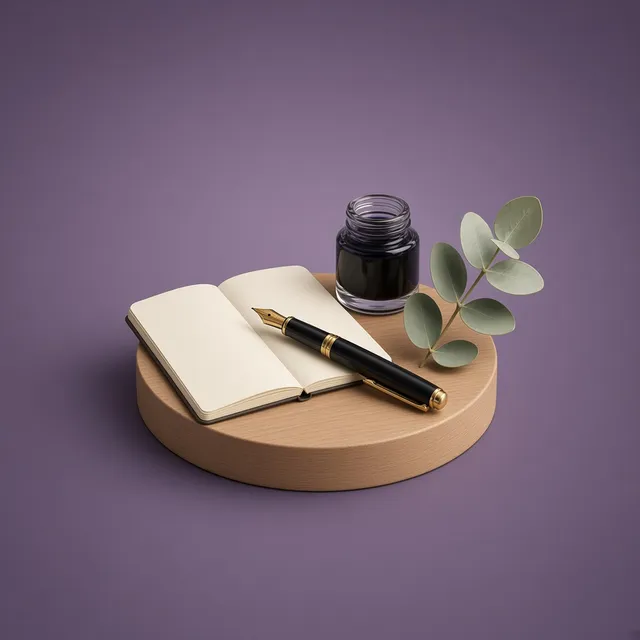 An open notebook, fountain pen and ink bottle on a wooden stand