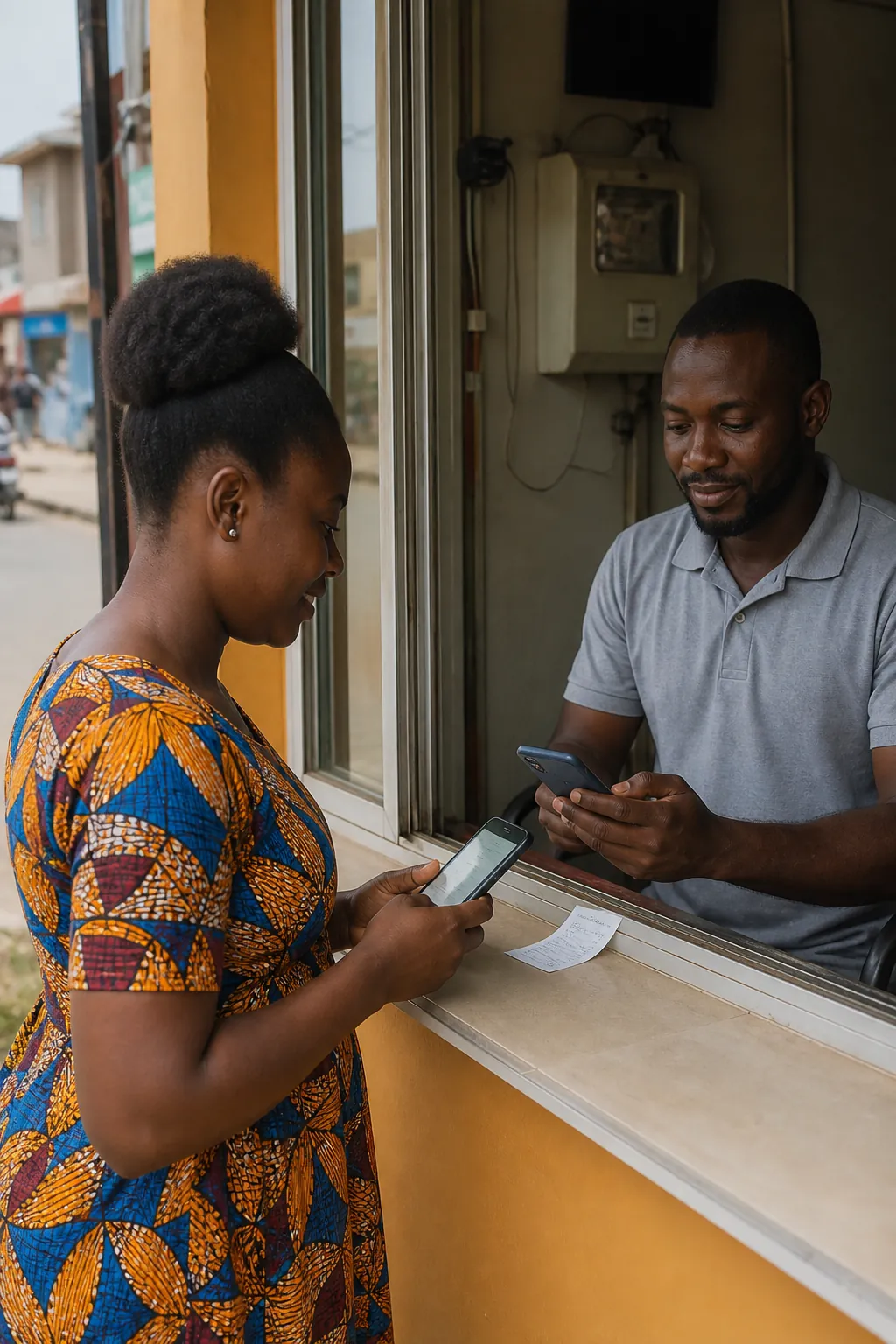 Paying a Ghana household bill from a small shop counter instead of an office queue